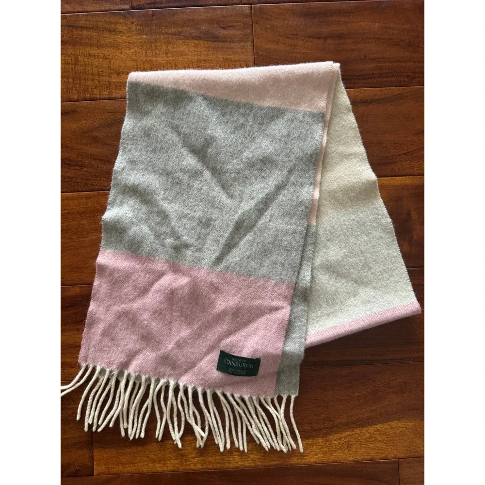 House of Edinburgh Scarf Women OS Pink Grey Excellent 100% Cashmere Colorblock